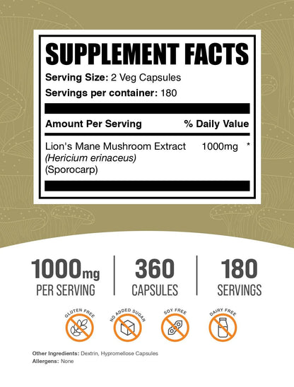 BulkSupplements Lion's Mane Mushroom Extract Capsules – Brain Support, 1000mg per Serving, 360 Vegan Capsules