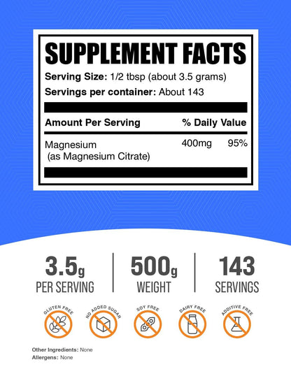 BulkSupplements Magnesium Citrate Powder – Magnesium & Mineral Supplement, 3.5g per Serving, 500g