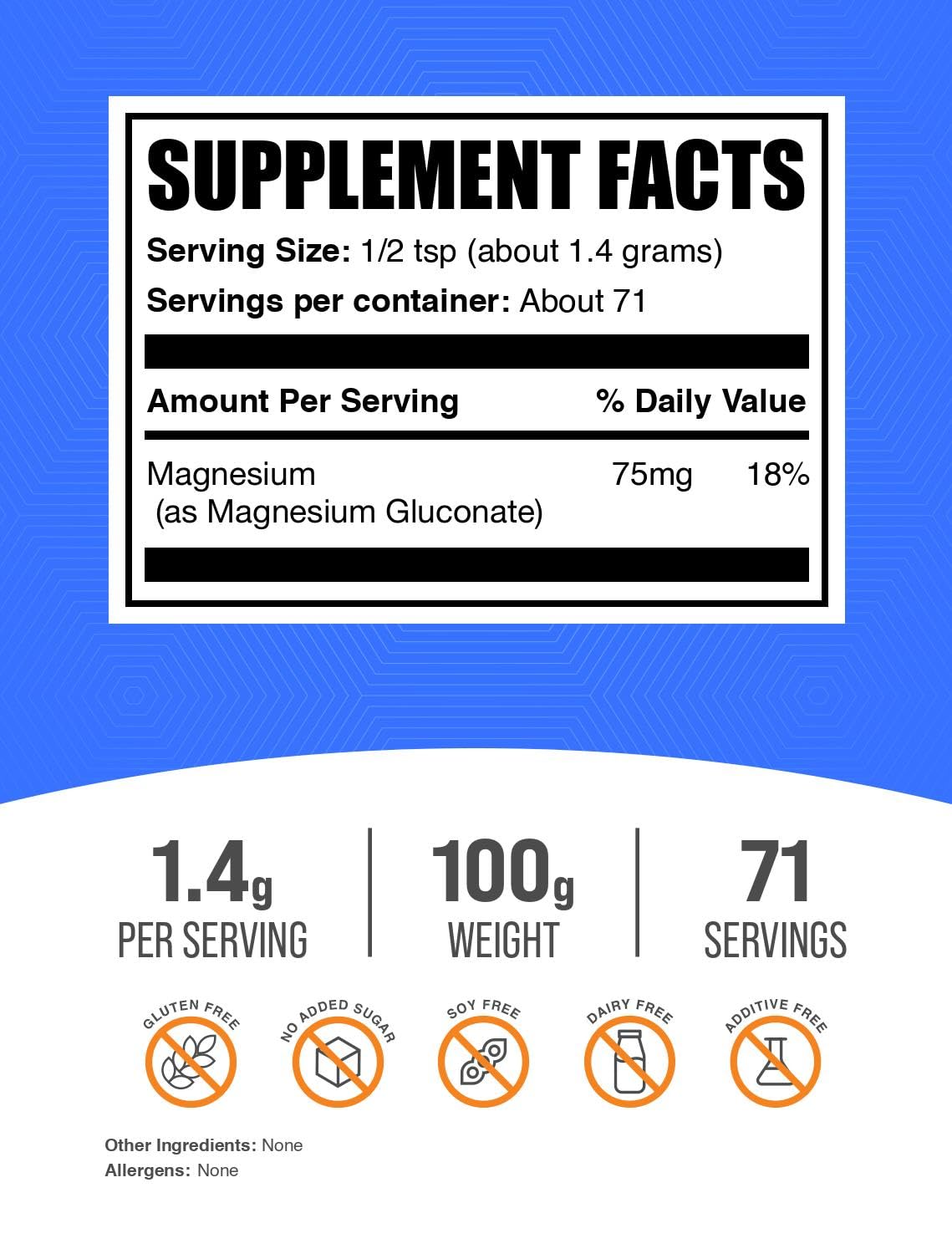 BulkSupplements.com Magnesium Gluconate Powder – Magnesium Supplement, Unflavored & Gluten Free, 1.4g per Serving, 100g (3.5 oz) Pack of 2