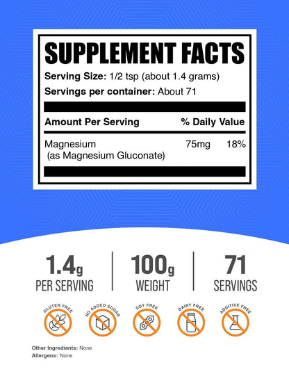 BulkSupplements.com Magnesium Gluconate Powder – Magnesium Supplement, Unflavored & Gluten Free, 1.4g per Serving, 100g (3.5 oz) Pack of 2