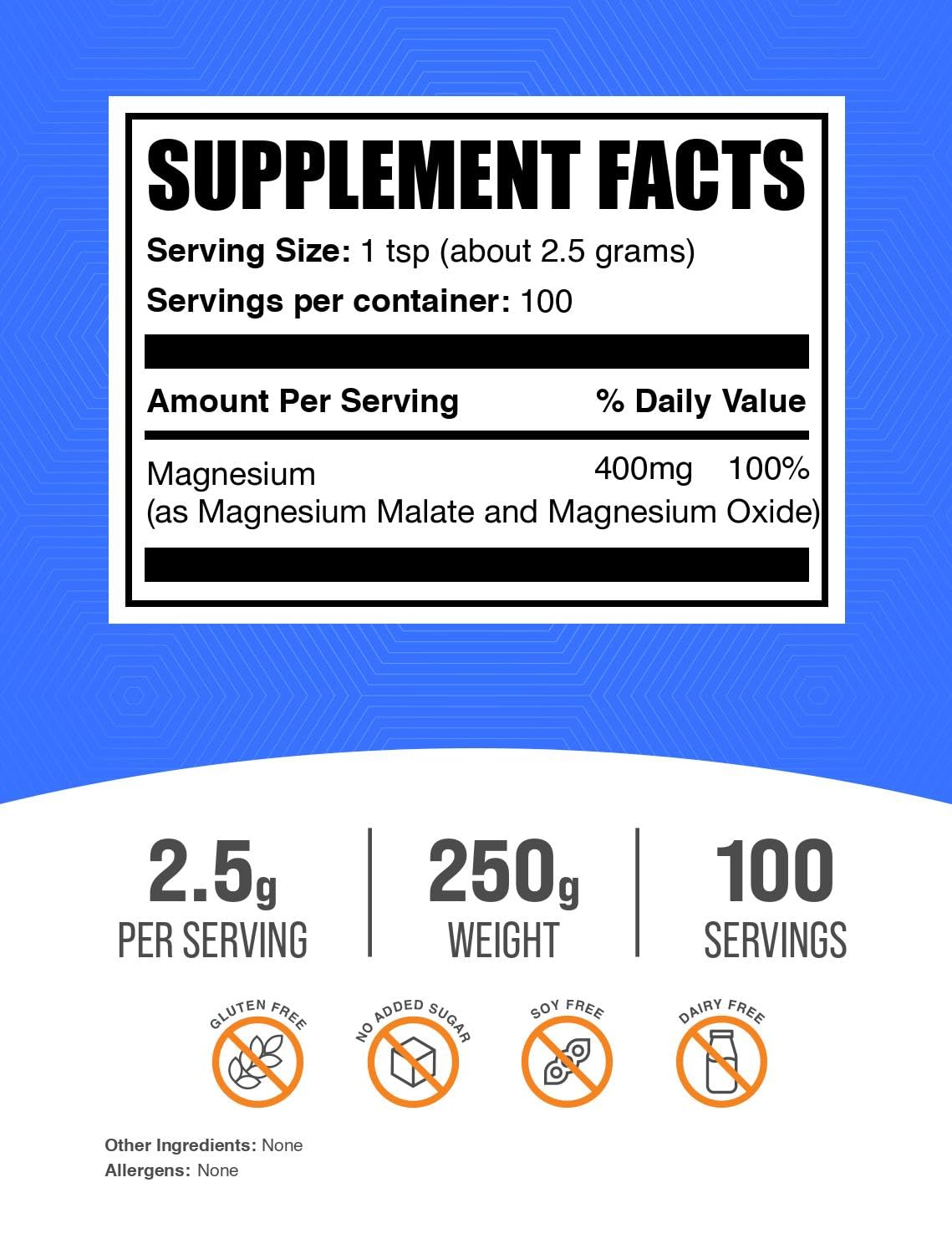 Magnesium Malate Powder - High Bioavailability, Gluten Free | 250g (8.8 oz) | BulkSupplements