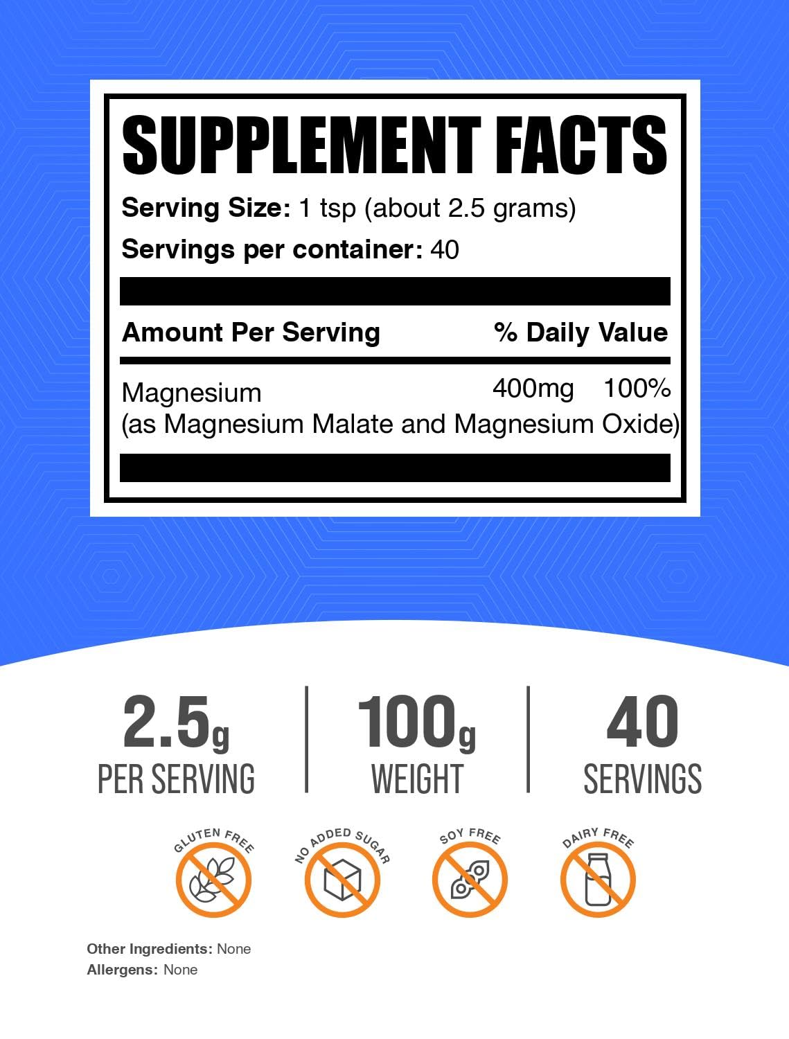 BulkSupplements Magnesium Malate Powder — High Bioavailability, 2.5g/Serving, 100g