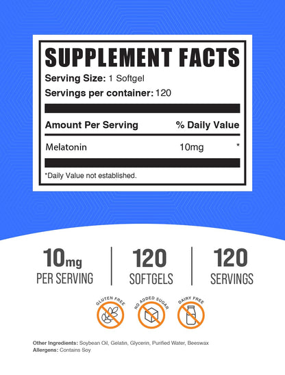 Melatonin 10 mg Softgels – Sleep Support for Adults | Gluten Free | Pack of 2 (240 Softgels) | BulkSupplements