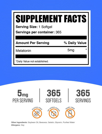 BulkSupplements Melatonin 5 mg Softgels – Sleep Support for Adults, 5 mg per Serving, Gluten Free, 365 Count (Pack of 2)