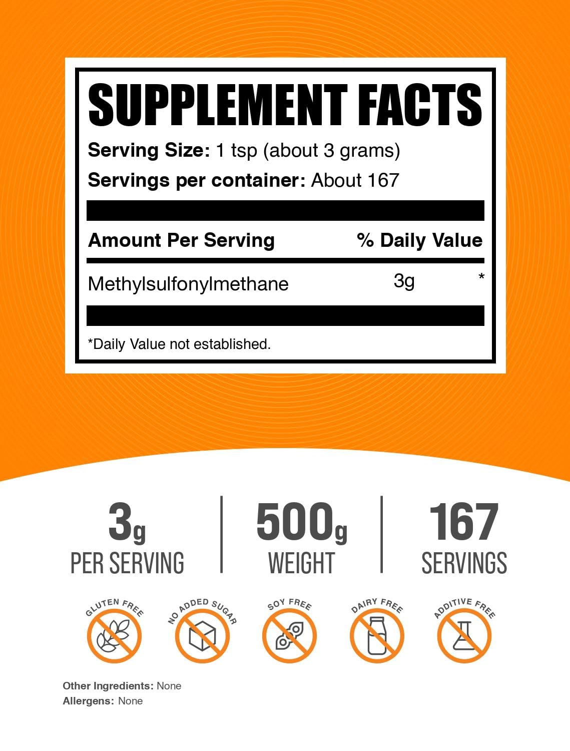 BulkSupplements MSM Powder - 500g, 3g Serving, Gluten Free