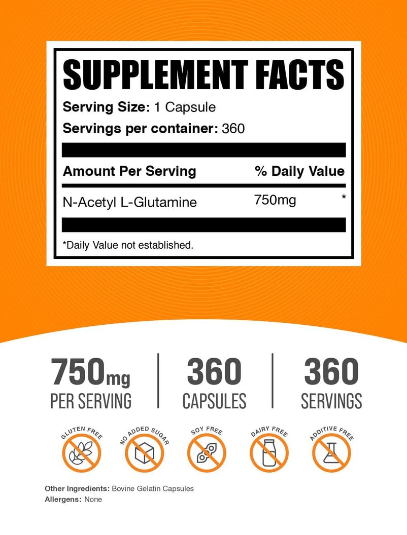 N-Acetyl L-Glutamine Capsules 750mg – Gluten Free (360 ct) | BulkSupplements
