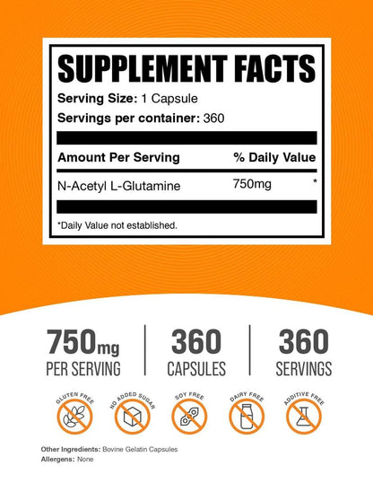 N-Acetyl L-Glutamine Capsules 750mg – Gluten Free (360 ct) | BulkSupplements
