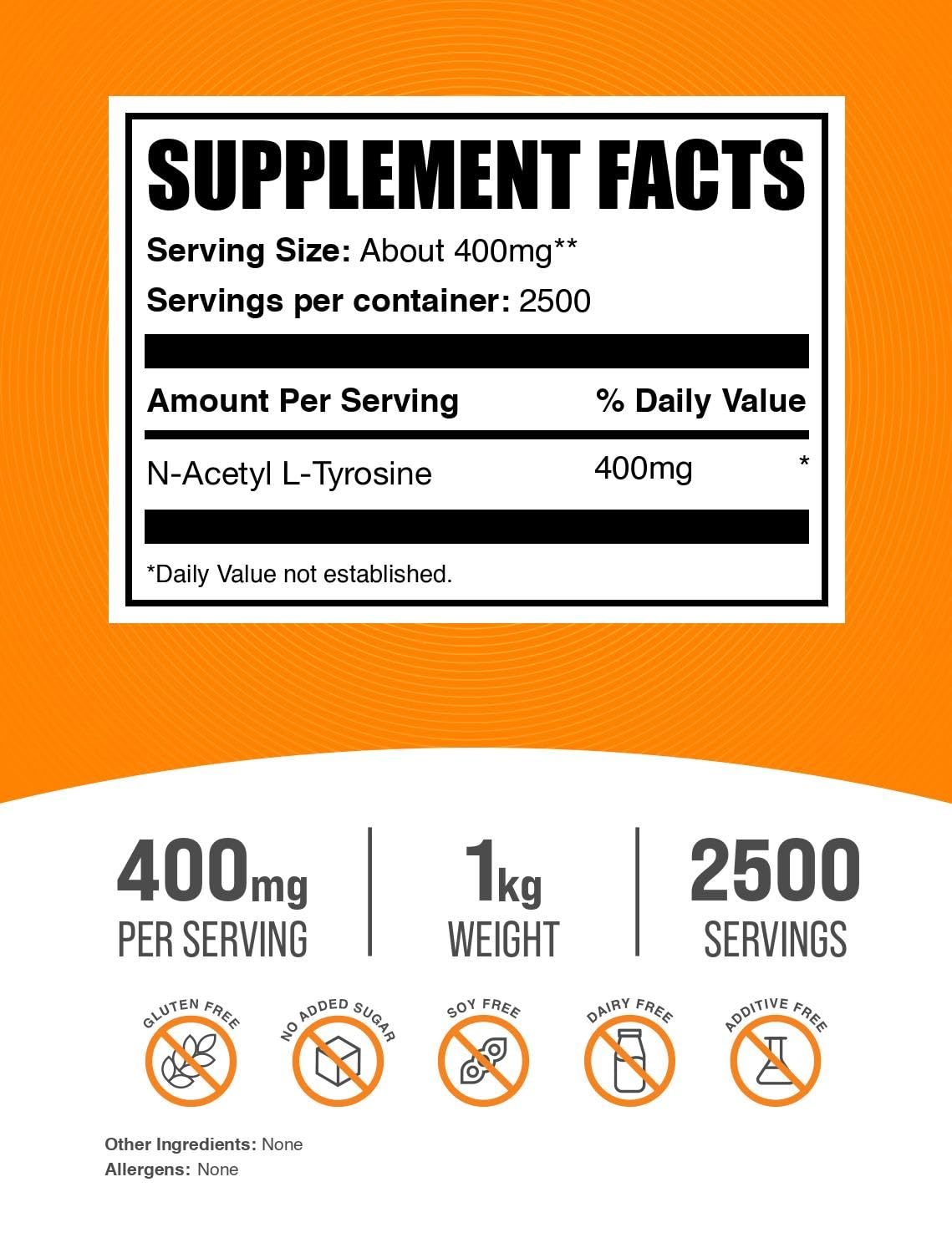 N-Acetyl L-Tyrosine Powder (NALT) – 400 mg/Serving, 1 kg, Unflavored | BulkSupplements