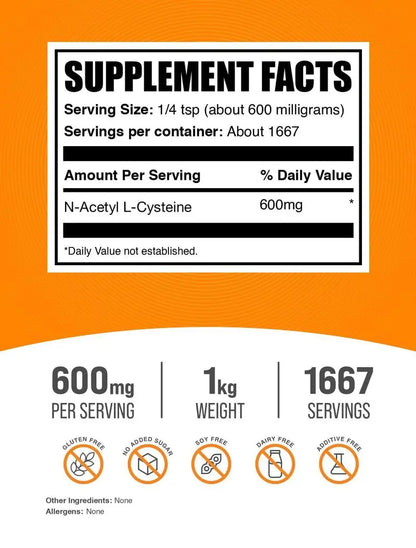 BulkSupplements NAC Powder 600mg – N-Acetyl Cysteine Supplement, Gluten Free, 1kg (1667 Servings) BritishVita | Premium UK Vitamins & Wellness Supplements