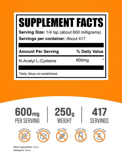 NAC Powder 600mg (N-Acetyl Cysteine), 250g | 417 Servings – Gluten Free | BulkSupplements