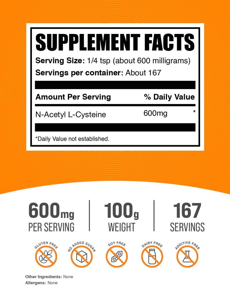 BulkSupplements NAC Powder 600mg – N-Acetyl Cysteine Supplement, Gluten Free