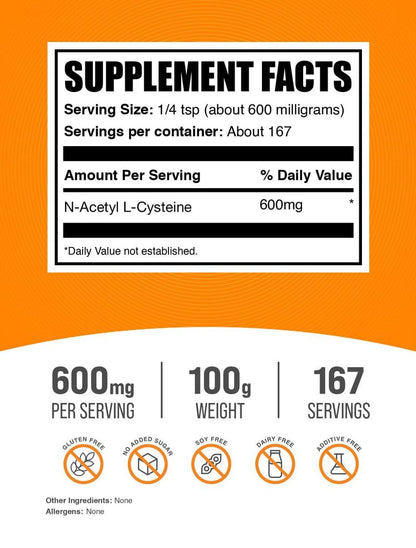 BulkSupplements NAC Powder 600mg – N-Acetyl Cysteine Supplement, Gluten Free