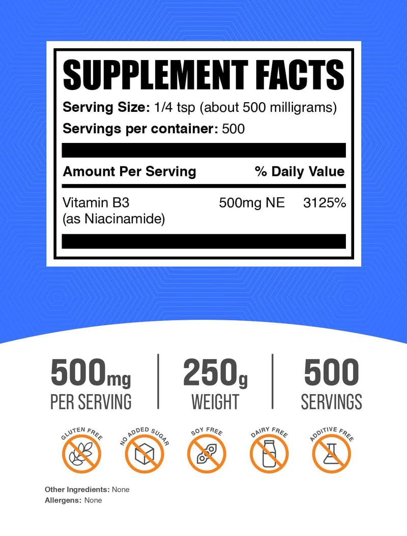 Niacinamide Powder 500mg (Vitamin B3) - 250g Gluten Free | BulkSupplements