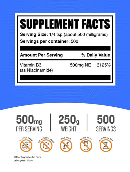 Niacinamide Powder 500mg (Vitamin B3) - 250g Gluten Free | BulkSupplements