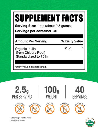 BulkSupplements Organic Inulin Powder - Soluble Fiber, Vegan & Gluten Free, 2.5g per Serving, 100g Pack of 2