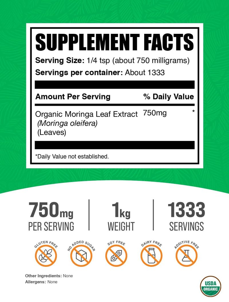 BulkSupplements Organic Moringa Extract Powder – 750mg per Serving, 1kg | Vegan & Gluten Free