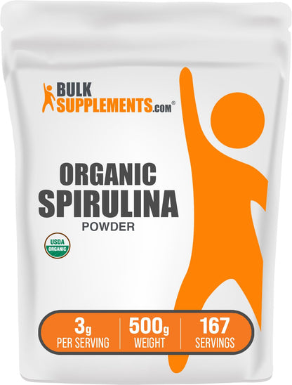 BulkSupplements Organic Spirulina Powder – Green Spirulina, Vegan, 3g/Serving, 500g