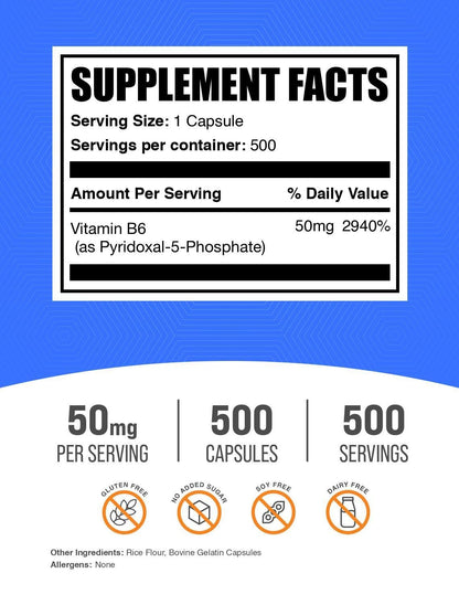 Pyridoxal 5 Phosphate Capsules (P5P) – Vitamin B6, Gluten Free | BulkSupplements 500 Count