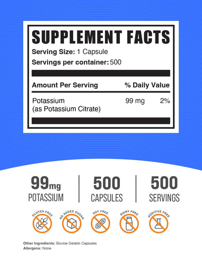 BulkSupplements Potassium Citrate Capsules 99mg - 500 Capsules (Pack of 2) | 1 Capsule Serving