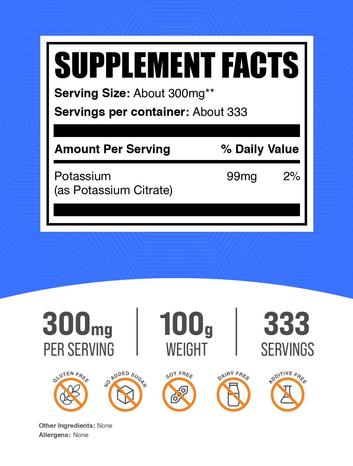 BulkSupplements.com Potassium Citrate Powder | Potassium & Electrolyte Supplement - Gluten Free, 100 g (3.5 oz) - 310 mg Per Serving