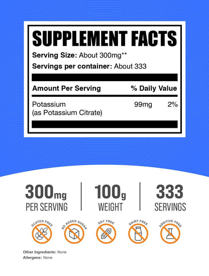 BulkSupplements.com Potassium Citrate Powder | Potassium & Electrolyte Supplement - Gluten Free, 100 g (3.5 oz) - 310 mg Per Serving