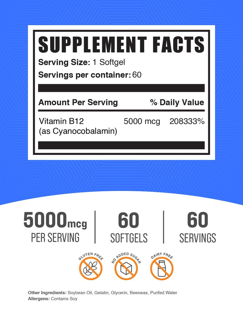 BulkSupplements Vitamin B12 5000 mcg Softgels – Cyanocobalamin, Energy Support, Gluten Free, 60 Count (Pack of 2)