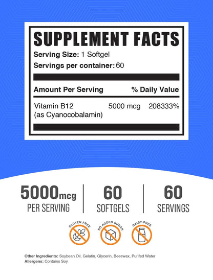 BulkSupplements Vitamin B12 5000 mcg Softgels – Cyanocobalamin, Energy Support, Gluten Free, 60 Count (Pack of 2)