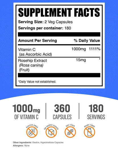 BulkSupplements Vitamin C with Rose HIPS Capsules – 1000mg Vitamin C, 15mg Rose HIPS, 360 Count (Pack of 2) BritishVita | Premium UK Vitamins & Wellness Supplements
