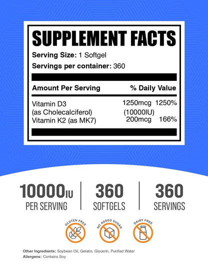 Vitamin D3 + K2 10000 IU Softgels – Immune Support | Gluten Free | 360 Count | BulkSupplements