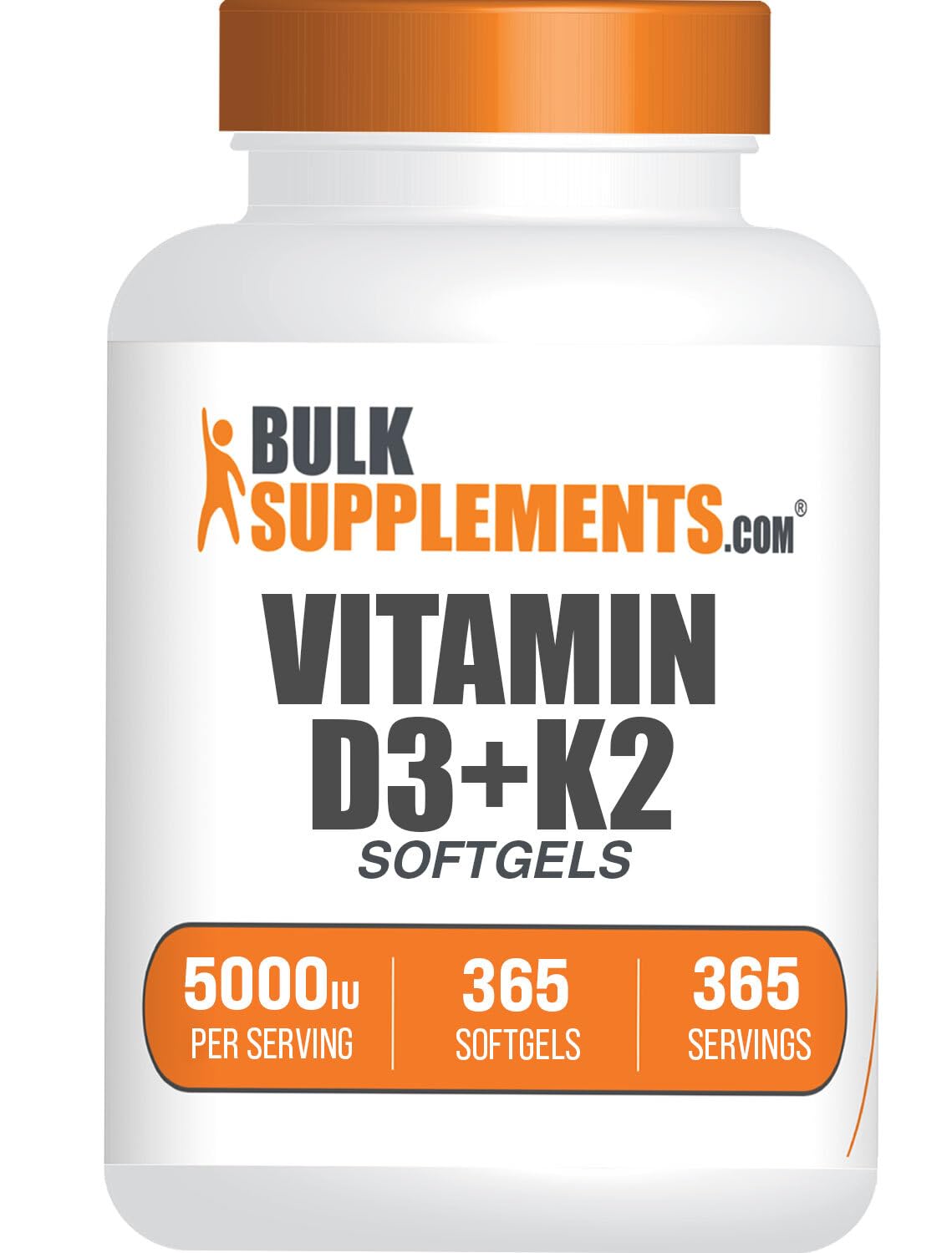 BulkSupplements Vitamin D3 + K2 5000 IU Softgels - Immune Support, Gluten Free, 365 Count