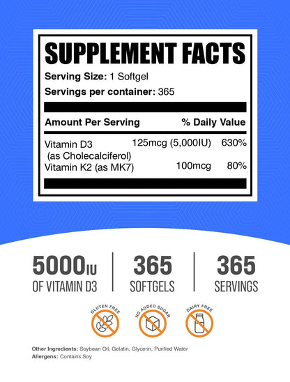 BulkSupplements Vitamin D3 + K2 5000 IU Softgels - Immune Support, Gluten Free, 365 Count