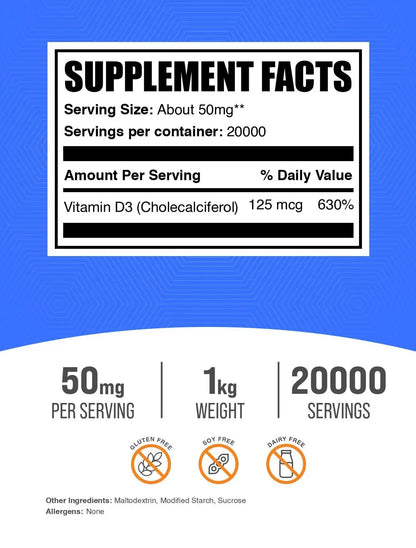 BulkSupplements Vitamin D3 Powder – 5,000 IU per Serving, 1kg (Gluten Free) | Cholecalciferol BritishVita | Premium UK Vitamins & Wellness Supplements
