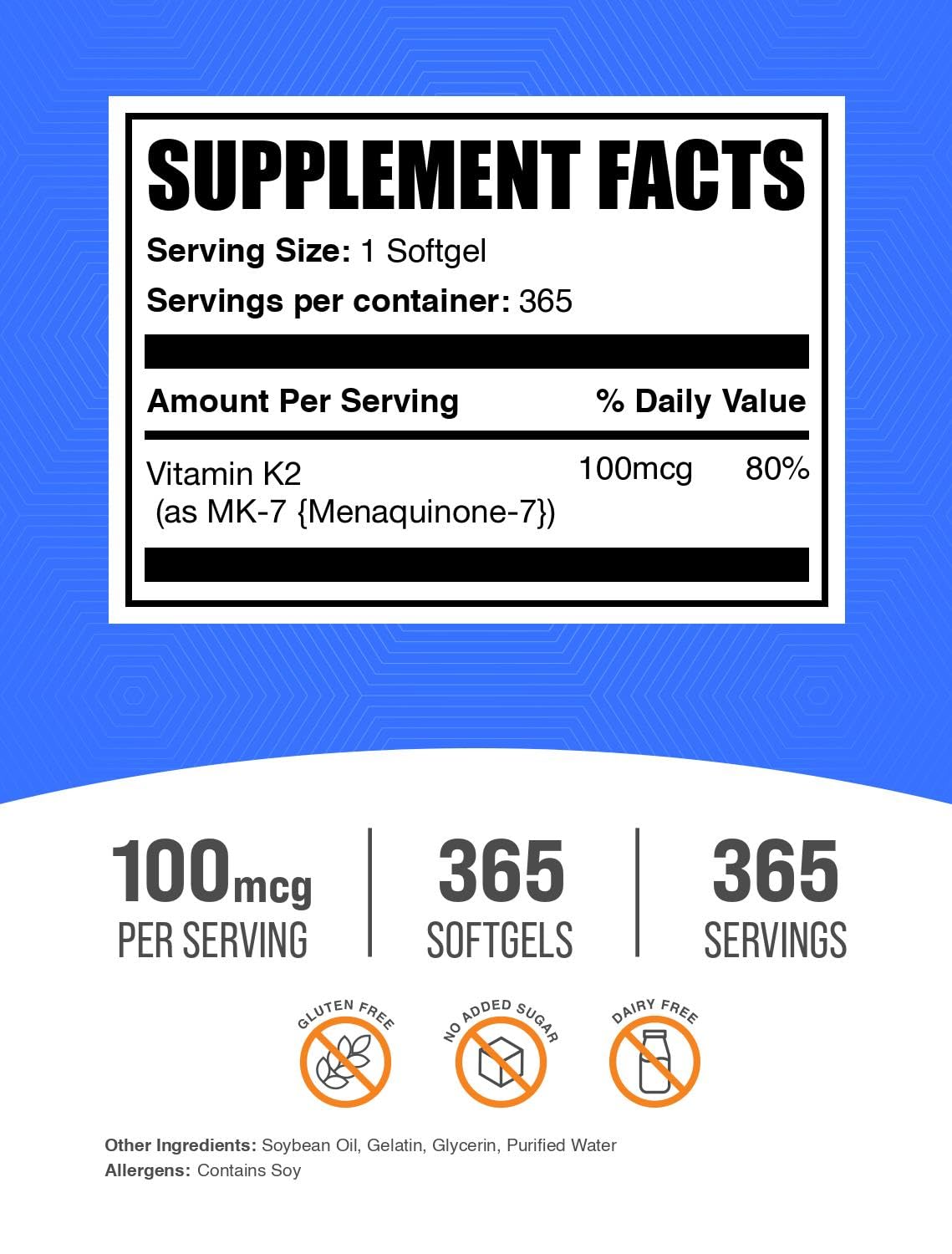 BulkSupplements Vitamin K2 MK7 Softgels – Gluten Free, 365 Count, 1 Softgel Serving