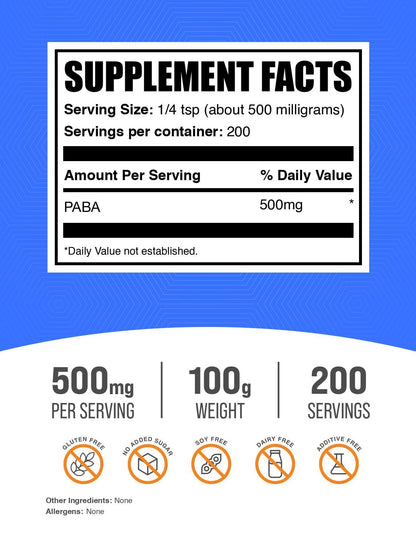 BulkSupplements.com PABA Powder - Para Aminobenzoic Acid 500mg, Vegan & Gluten Free, 100g (3.5 oz) – Pack of 1