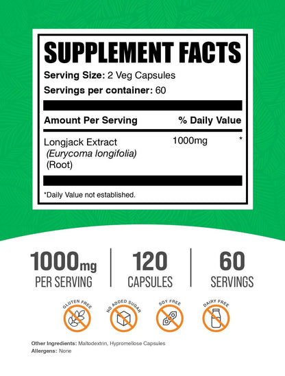 Tongkat Ali Extract Capsules | Longjack Extract Vegan Friendly 120 Veg Capsules | BulkSupplements