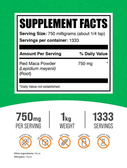 Red Maca Powder 1kg – 750mg per Serving, Vegan & Gluten Free | BulkSupplements