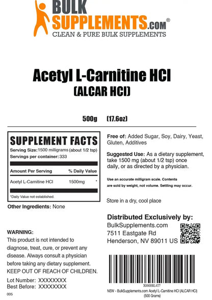 BulkSupplements Acetyl L-Carnitine Powder (ALCAR HCl) – 1.5 g Serving, 500 g, Gluten Free BritishVita | Premium UK Vitamins & Wellness Supplements