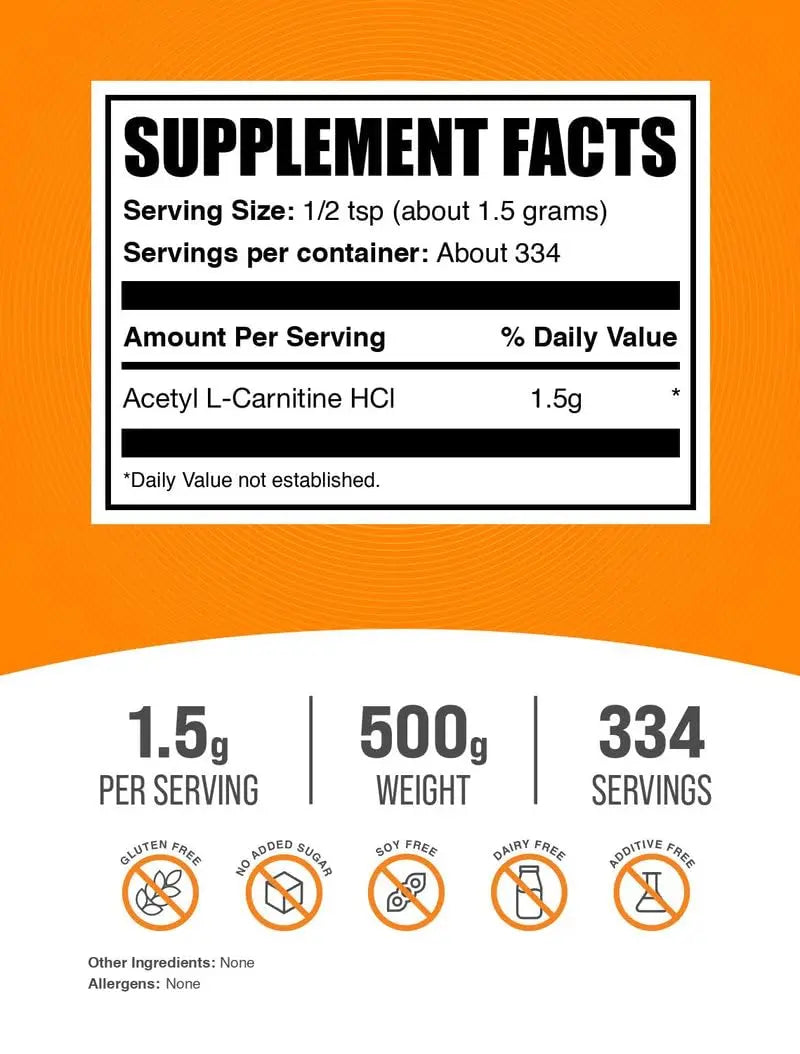 BulkSupplements Acetyl L-Carnitine Powder (ALCAR HCl) – 1.5 g Serving, 500 g, Gluten Free BritishVita | Premium UK Vitamins & Wellness Supplements
