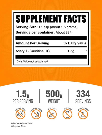 BulkSupplements Acetyl L-Carnitine Powder (ALCAR HCl) – 1.5 g Serving, 500 g, Gluten Free BritishVita | Premium UK Vitamins & Wellness Supplements