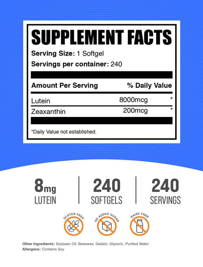 BulkSupplements Lutein with Zeaxanthin Softgels - Eye Vitamins, Gluten Free, 240 Softgels