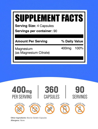 BulkSupplements Magnesium Citrate Capsules 400mg — Gluten Free, 4 Capsules per Serving, 360 Count (Pack of 2) BritishVita | Premium UK Vitamins & Wellness Supplements