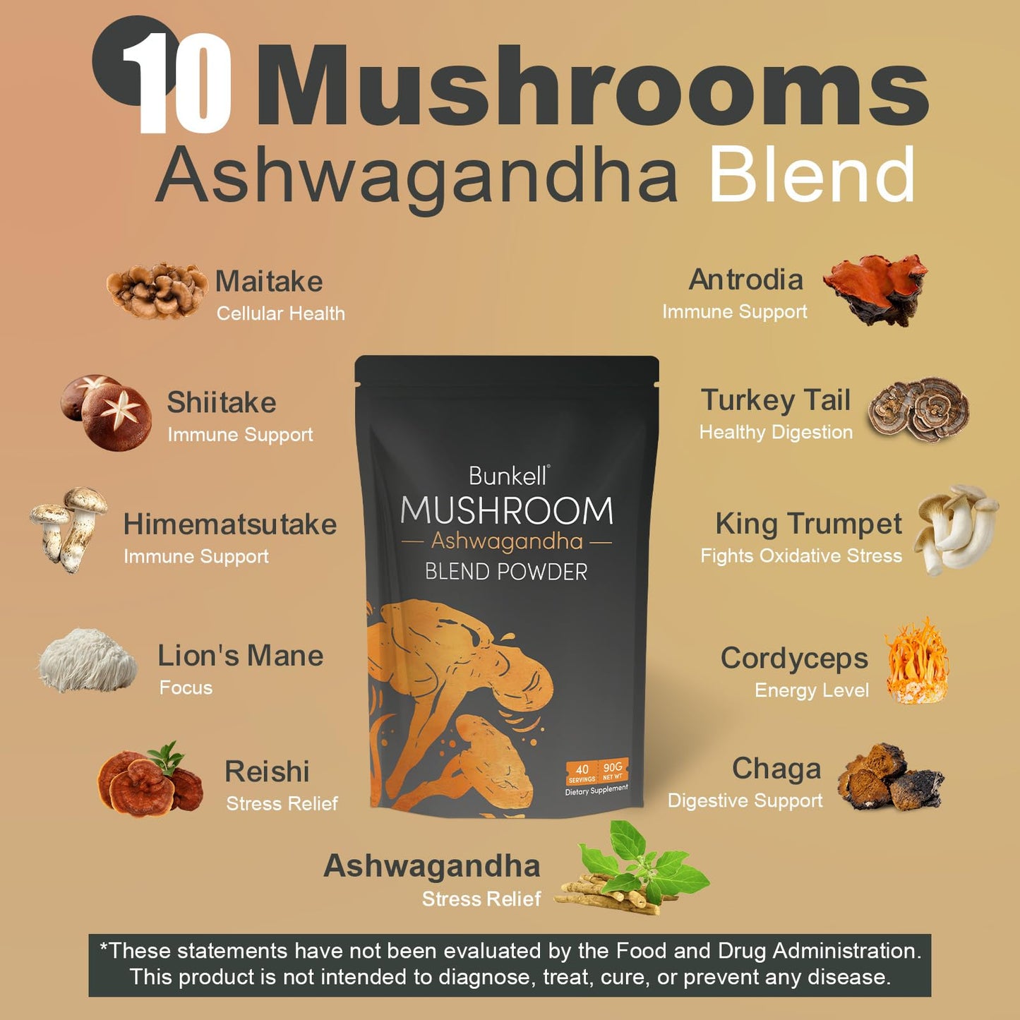 Bunkell Ashwagandha Mushroom Powder, Adaptogenic 10 Mushrooms Complex w/ashwagandha - Lion's Mane, Reishi, Chaga & Maitake - Adaptogens Powder for Energy, Cognitive & Immune Support, 40 Servings
