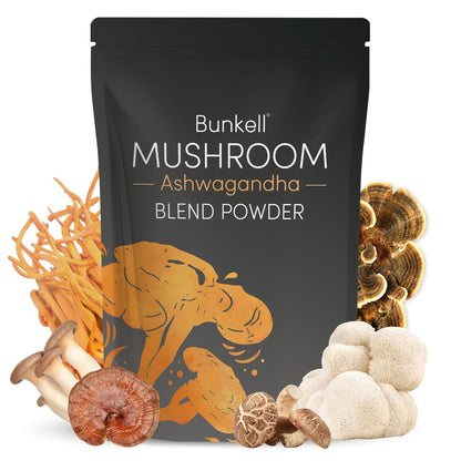 Bunkell Ashwagandha Mushroom Powder | 10-Mushroom Adaptogenic Complex for Energy, Focus & Immune Support | 80 Servings