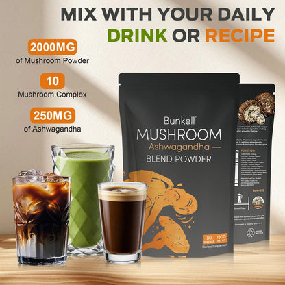 Bunkell Ashwagandha Mushroom Powder | 10-Mushroom Adaptogenic Complex for Energy, Focus & Immune Support | 80 Servings