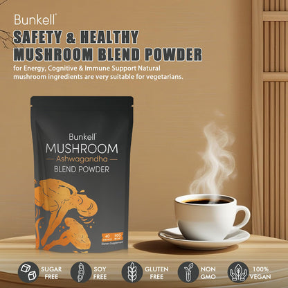 Bunkell Ashwagandha Mushroom Powder, Adaptogenic 10 Mushrooms Complex w/ashwagandha - Lion's Mane, Reishi, Chaga & Maitake - Adaptogens Powder for Energy, Cognitive & Immune Support, 40 Servings