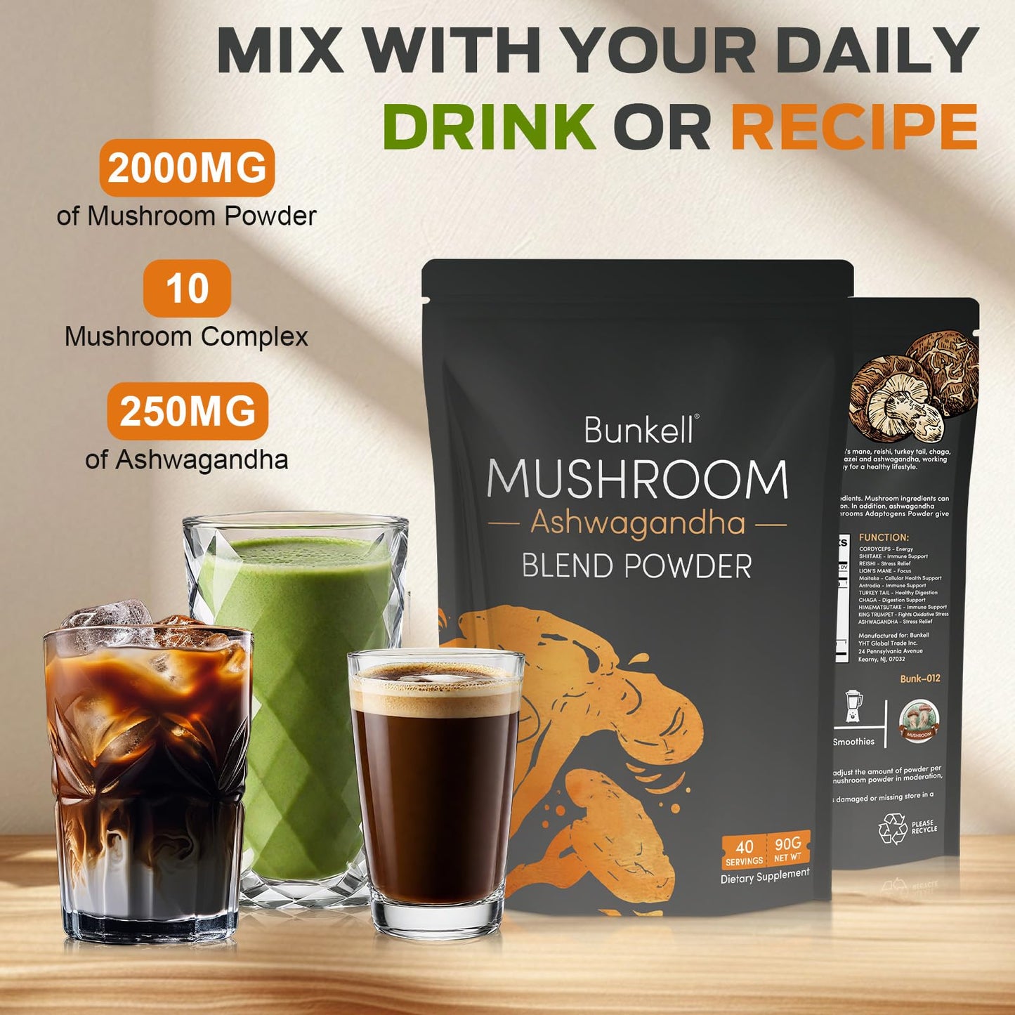 Bunkell Ashwagandha Mushroom Powder, Adaptogenic 10 Mushrooms Complex w/ashwagandha - Lion's Mane, Reishi, Chaga & Maitake - Adaptogens Powder for Energy, Cognitive & Immune Support, 40 Servings