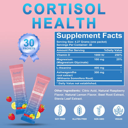 Bunkell Cortisol Powdered Drink Mix – Magnesium Glycinate, L-Theanine, Ashwagandha, Vitamin D3 (Raspberry Lemonade) 30 Ct