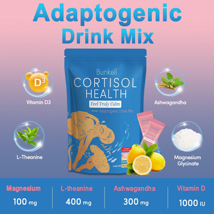 Bunkell Cortisol Powdered Drink Mix – Magnesium Glycinate, L-Theanine, Ashwagandha, Vitamin D3 (Raspberry Lemonade) 30 Ct