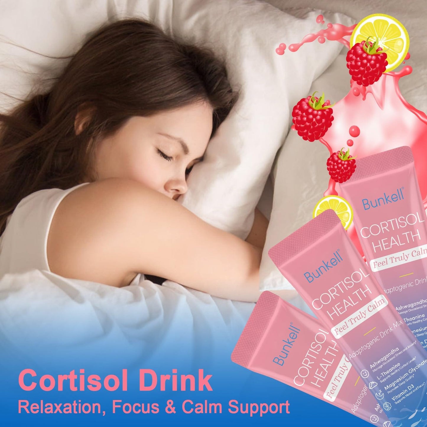 Bunkell Cortisol Powdered Drink Mix – Magnesium Glycinate, L-Theanine, Ashwagandha, Vitamin D3 (Raspberry Lemonade) 30 Ct