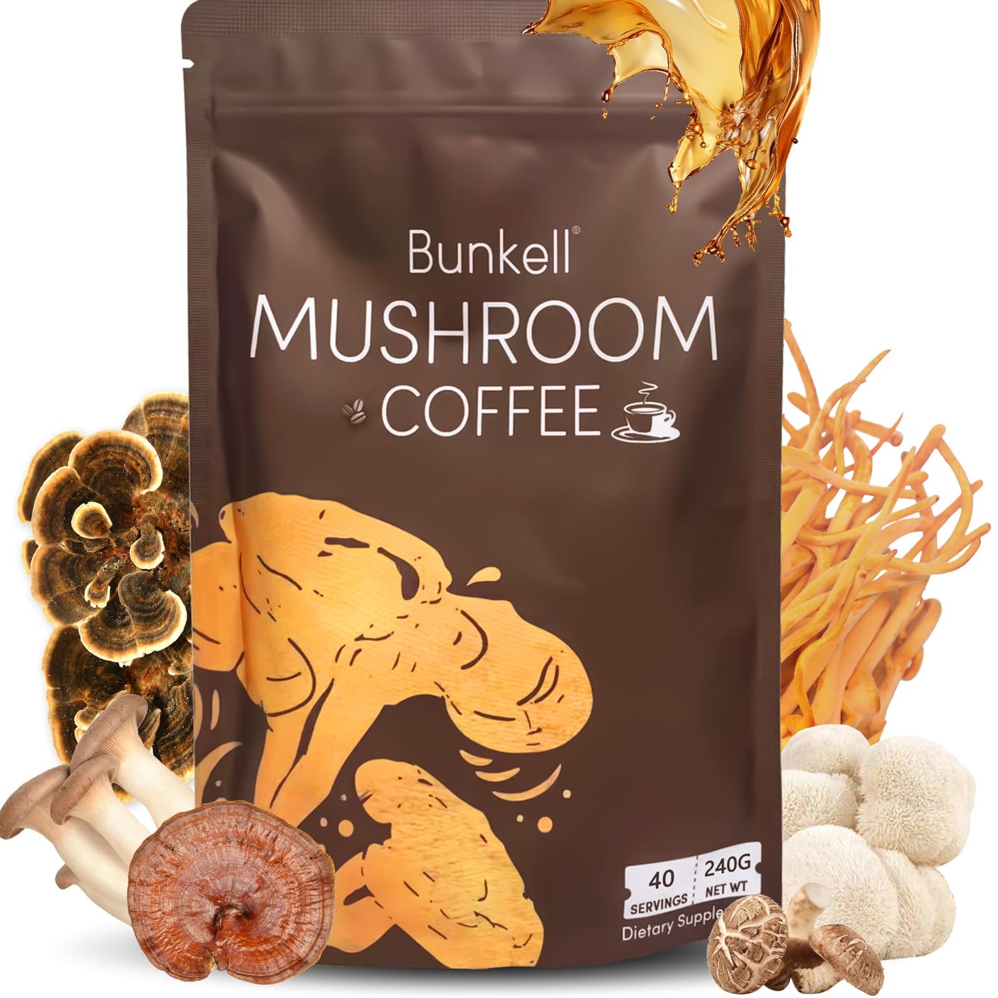 Bunkell Mushroom Coffee – Adaptogenic 6 Mushrooms (Lion's Mane, Reishi, Cordyceps, Shiitake, King Trumpet & Turkey Tail) – 40 Servings